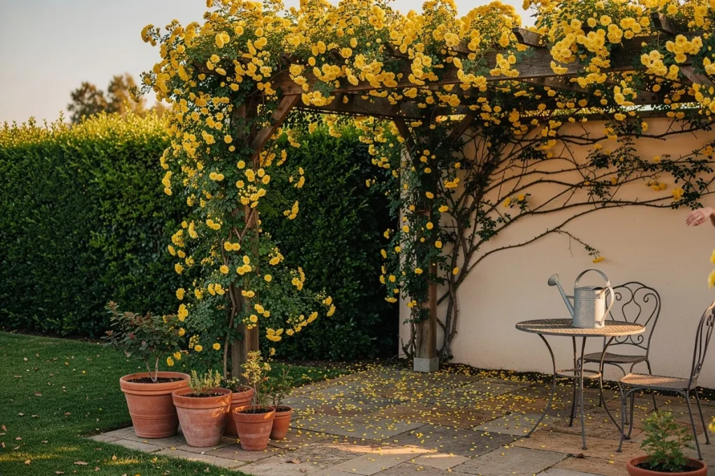 A trepadeira que se enche de flores amarelas o ano todo: cresce até 6 metros e quase não tem espinhos